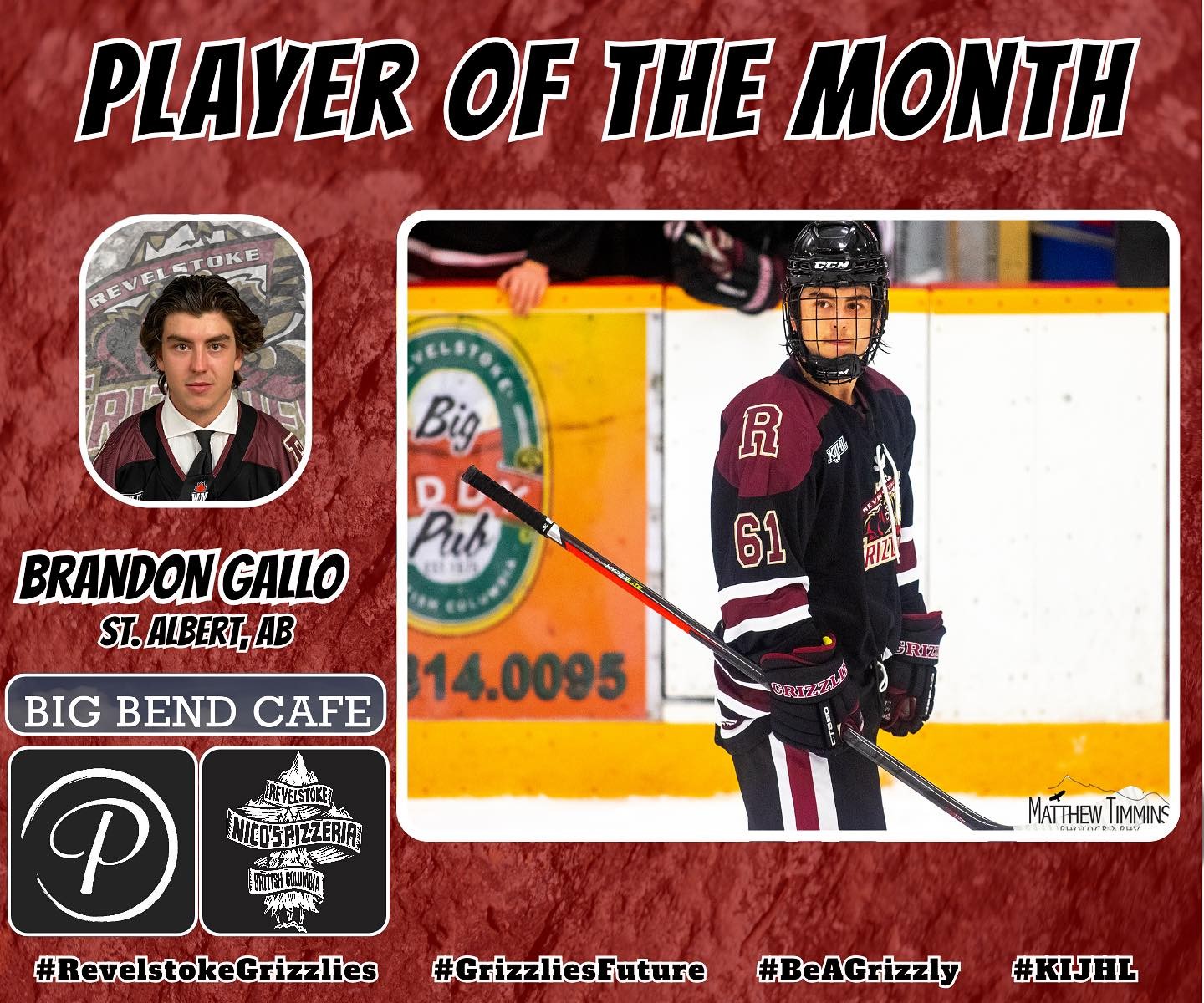 Congratulations Brandon Gallo for being our December Player of the Month. 

Our Player of the month is supported by @pureimagehair and @bigbendcafe and @nicospizzeria_revelstoke

Thank you for your support. 

📸( @timminsphotos )

#RevelstokeGrizzlies #BeAGrizzly #GrizzliesFuture #KIJHL #PlayerOfTheMonth