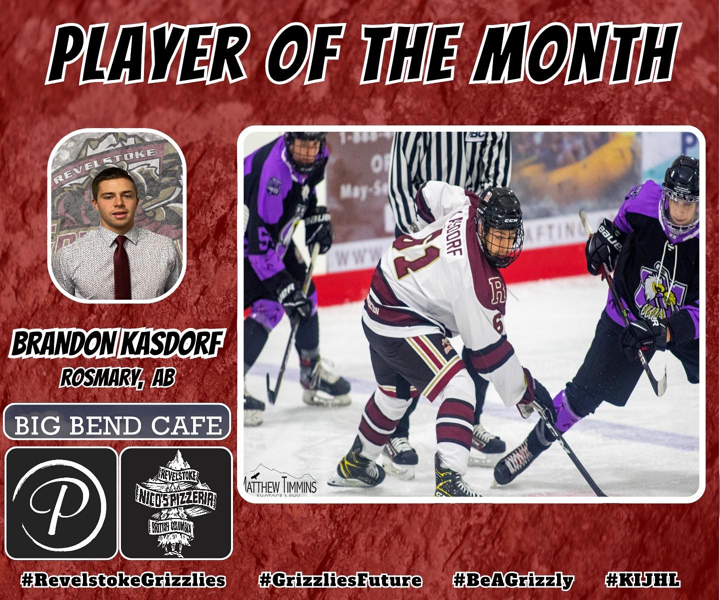 Congratulations Brandon Kasdorf for being our November Player of the Month. 

Our Player of the month is supported by @pureimagehair and @bigbendcafe and @nicospizzeria_revelstoke

Thank you for your support. 

📸( @timminsphotos )

#RevelstokeGrizzlies #BeAGrizzly #GrizzliesFuture #KIJHL #PlayerOfTheMonth