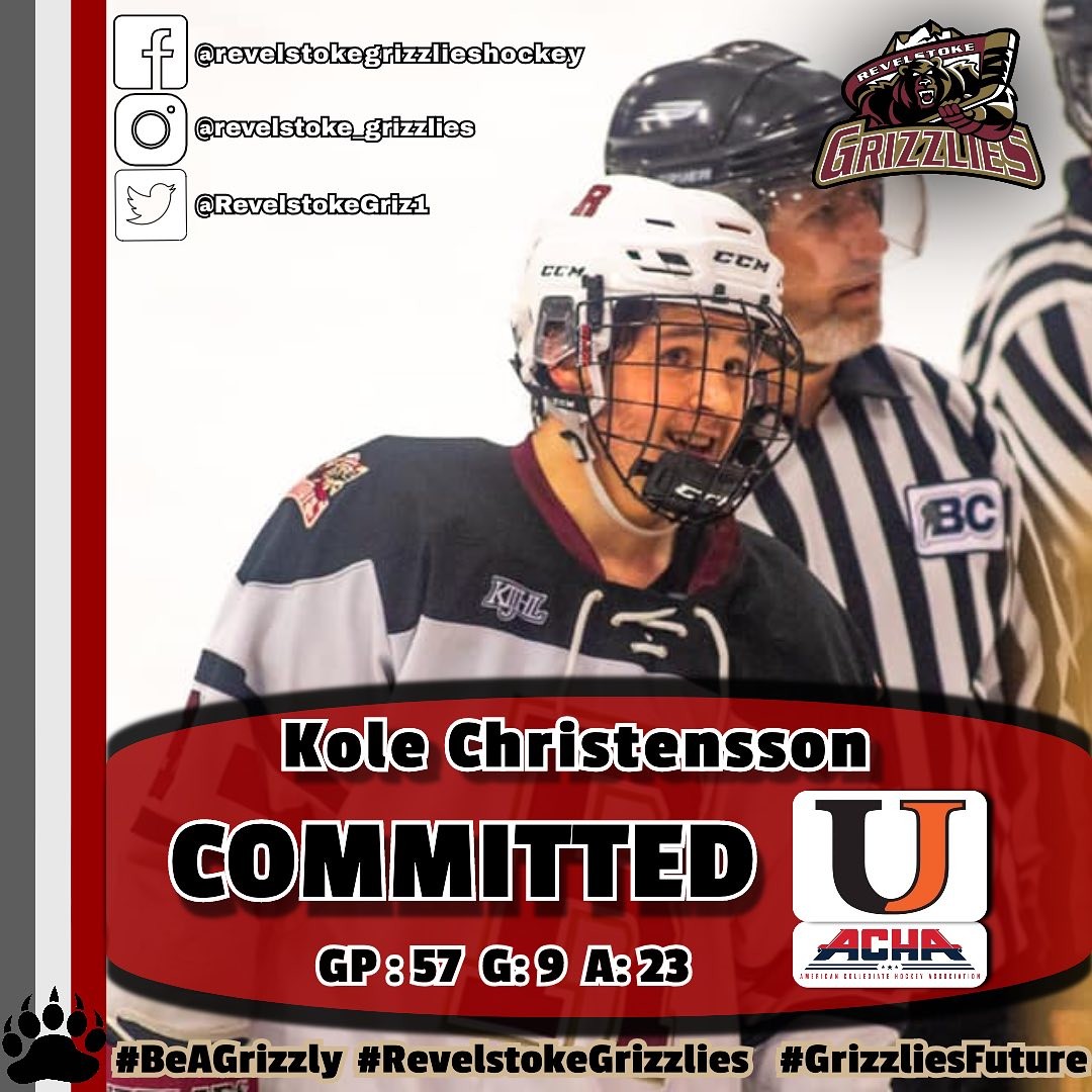 🚨COMMITMENT ALERT🚨

Congratulations to our former player Kole Christensson ( @kole1414 ) on his commitment to the University of Jamestown ( @jimmieshockey ) ACHA for the 2022-23 season!

Way to go Kole!!! We are all proud of you 👏 

#RevelstokeGrizzlies #GoGrizzlies #KIJHL #universityofjamestown #BeAGrizzly #PlayLikeAGrizzly