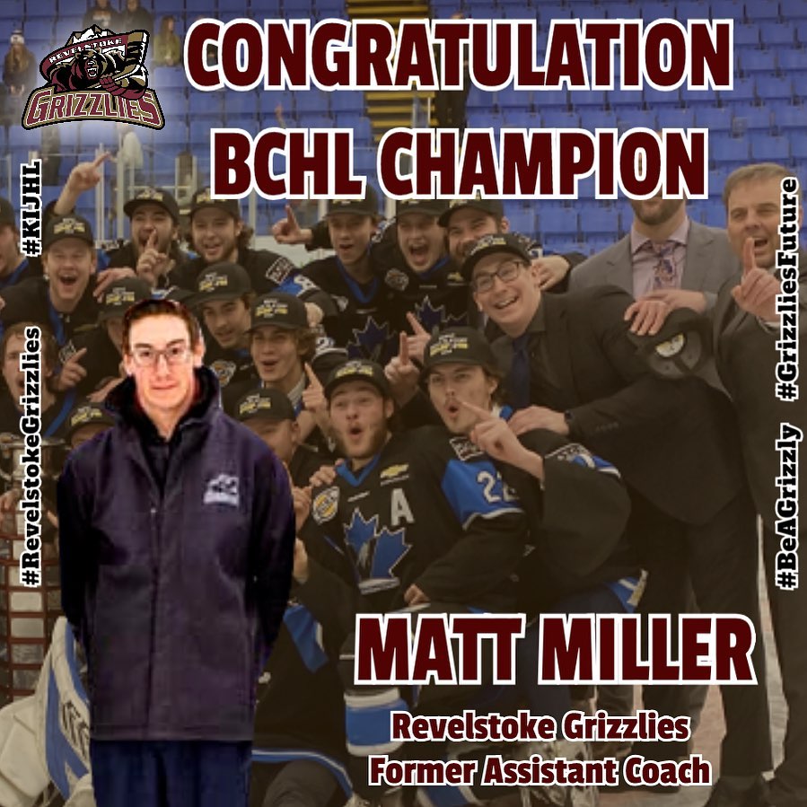 Congratulations to former Grizzlies Assistant Coach Matt Miller for winning the 2021-22 BCHL Fred Page Cup Championship with the Penticton Vees. 

#RevelstokeGrizzlies #BeAGrizzly #KIJHL
#PentictonVees #FredPageCup #BCHL